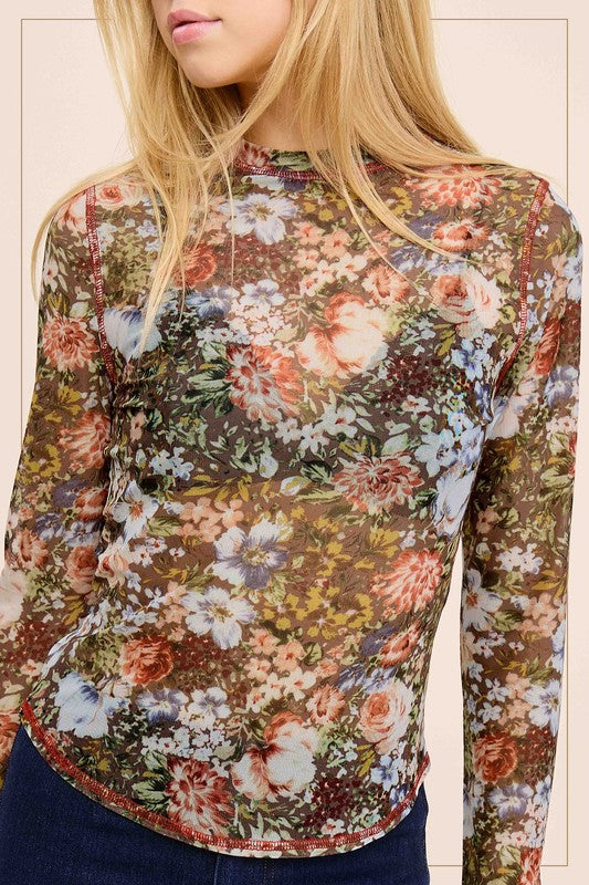 Long Sleeve Floral Print Mesh Top Brown