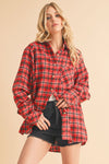 Long Sleeve Oversized Button Down Plaid Print Top Red
