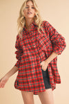 Long Sleeve Oversized Button Down Plaid Print Top Red