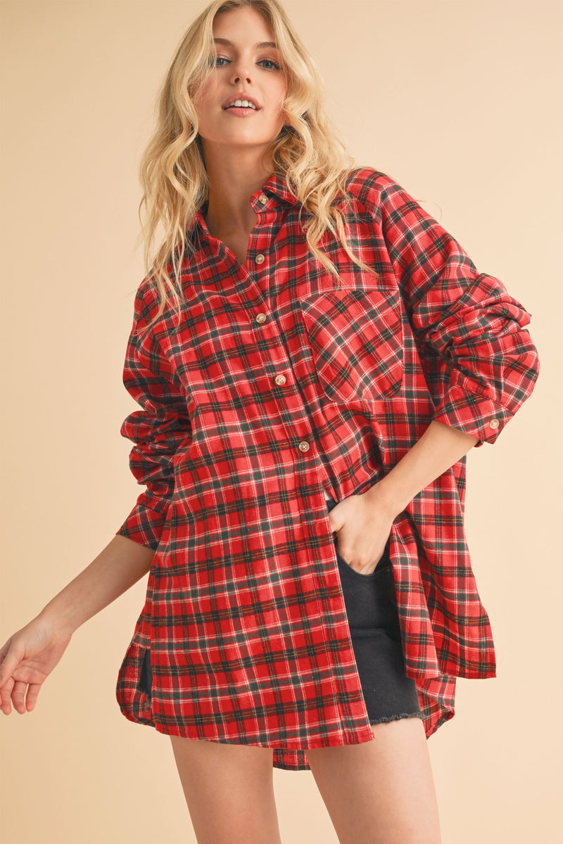 Long Sleeve Oversized Button Down Plaid Print Top Red