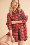 Long Sleeve Oversized Button Down Plaid Print Top Red