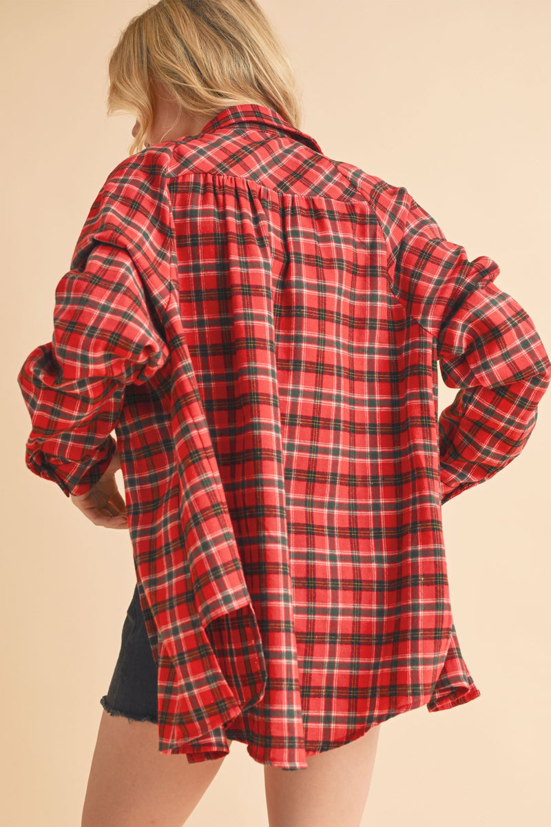 Long Sleeve Oversized Button Down Plaid Print Top Red