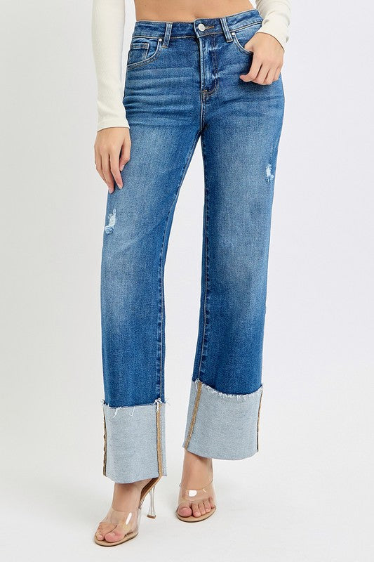 High Rise Wide Leg Cuffed Jeans Dark Wash
