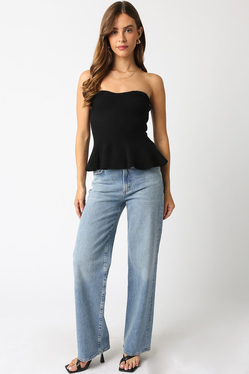 Joni Sleeveless Ribbed Knit Peplum Top Black