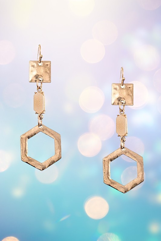 Tiered Hammered Geometric Drop Earrings Gold