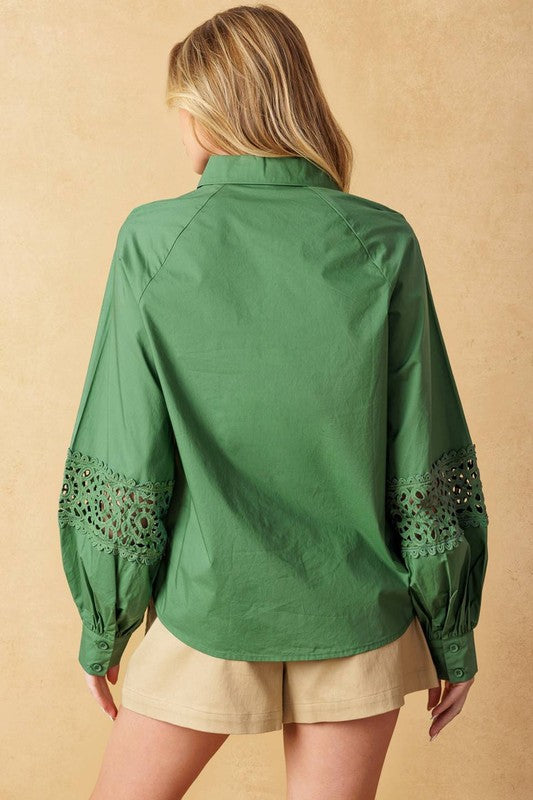 Long Sleeve Embroidered Embroidered Lace Button Down Top Sage