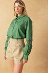 Long Sleeve Embroidered Embroidered Lace Button Down Top Sage