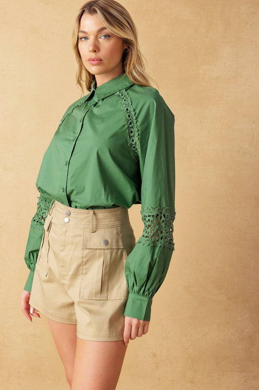 Long Sleeve Embroidered Embroidered Lace Button Down Top Sage
