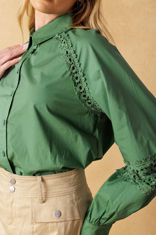 Long Sleeve Embroidered Embroidered Lace Button Down Top Sage