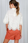 Short Sleeve Button Down Floral Scalloped Lace Top White