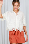 Short Sleeve Button Down Floral Scalloped Lace Top White