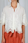 Short Sleeve Button Down Floral Scalloped Lace Top White