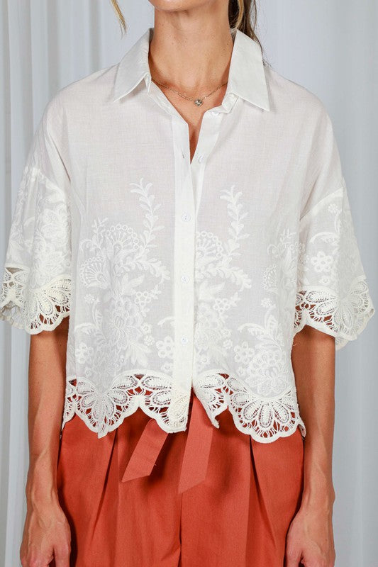 Short Sleeve Button Down Floral Scalloped Lace Top White