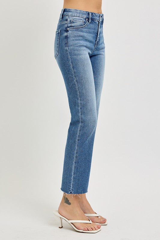 High Rise Cropped Straight Leg Jeans Light Wash