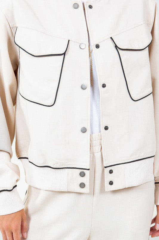 Long Sleeve Contrast Bomber Jacket Beige