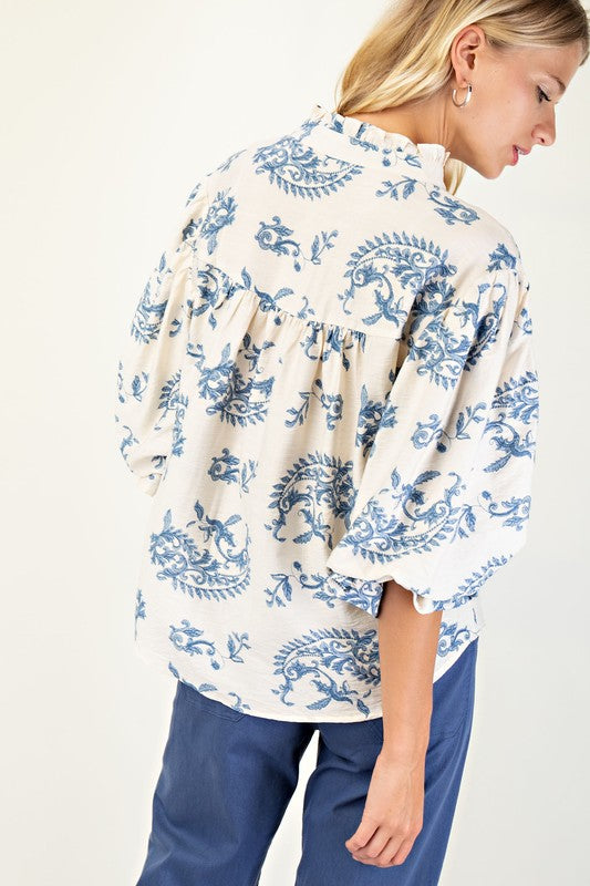 Balloon Sleeve Button Down Printed Top Blue