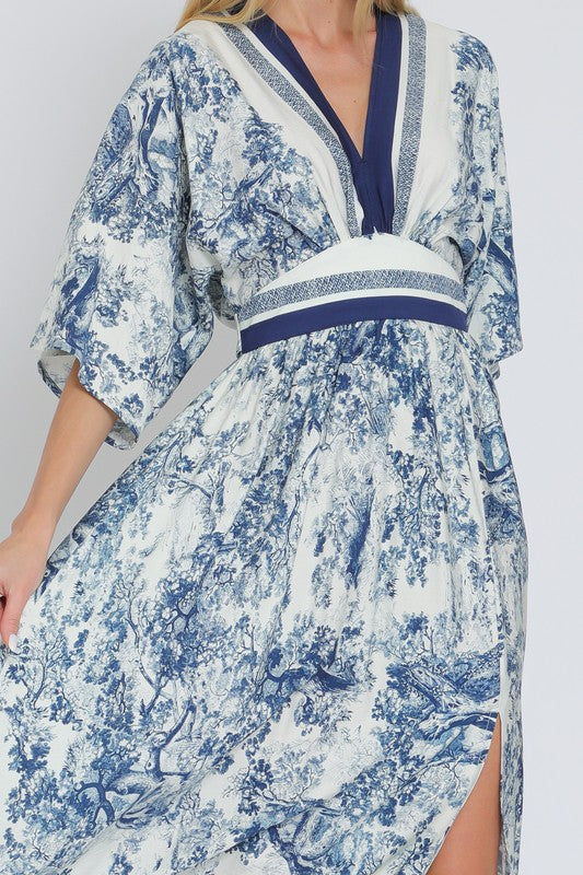 Short Kimono Sleeve Abstract Print Maxi Dress Ivory