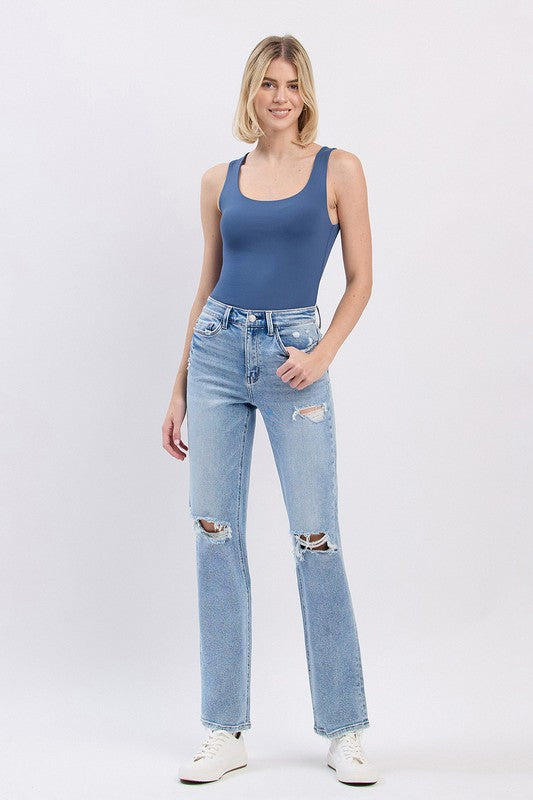 High Rise Distressed Straight Leg Jeans Light Wash