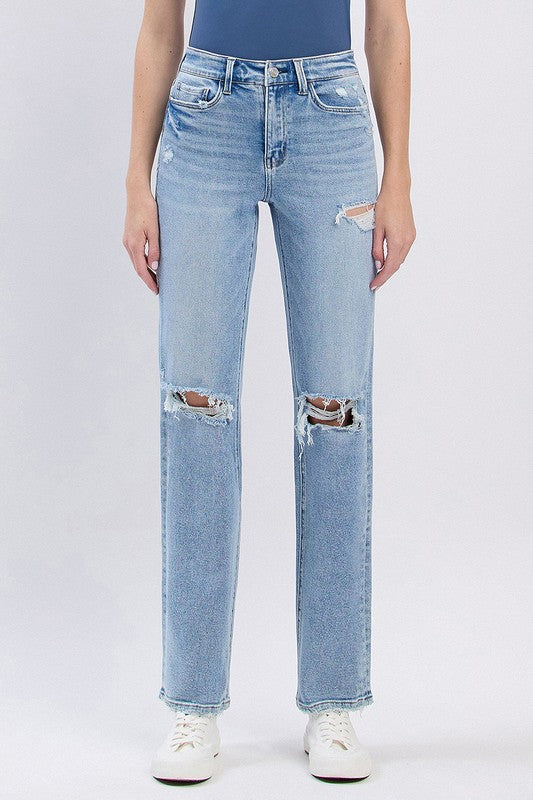 High Rise Distressed Straight Leg Jeans Light Wash
