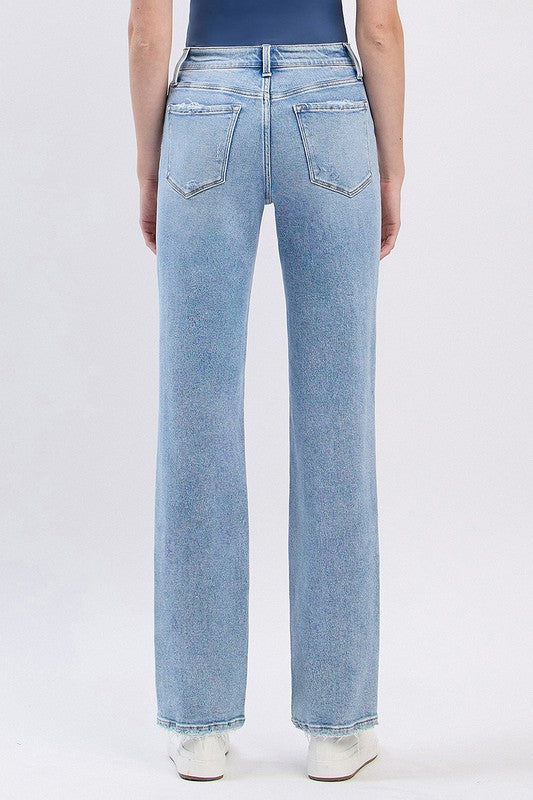 High Rise Distressed Straight Leg Jeans Light Wash