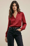 Long Sleeve Button Down Satin Top Red
