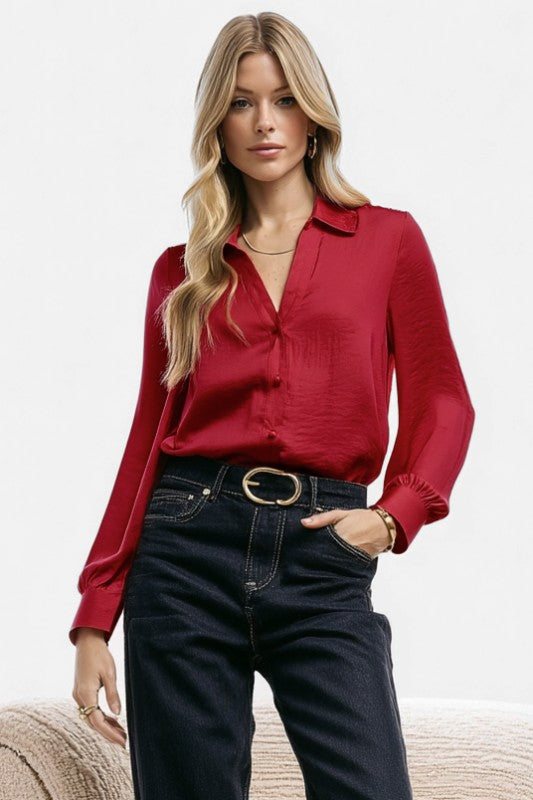 Long Sleeve Button Down Satin Top Red