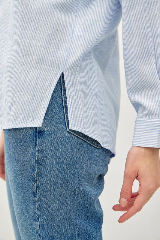 Long Sleeve Button Down Stripe Print Top Blue