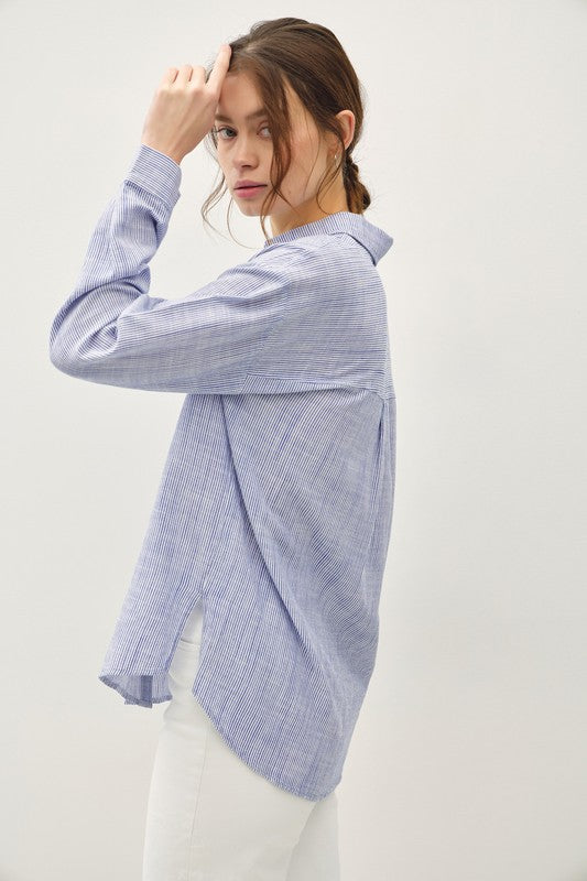 Long Sleeve Button Down Stripe Print Top Indigo