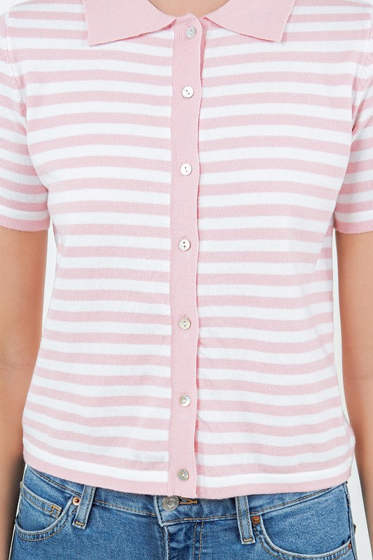 Short Sleeve Button Down Stripe Print Knit Top Pink