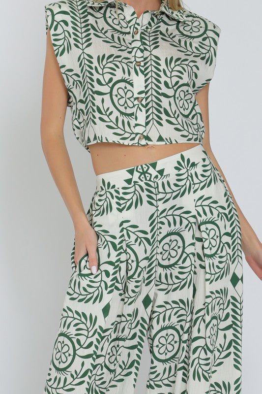Sleeveless Button Down Top And Wide Leg Pants Set Green