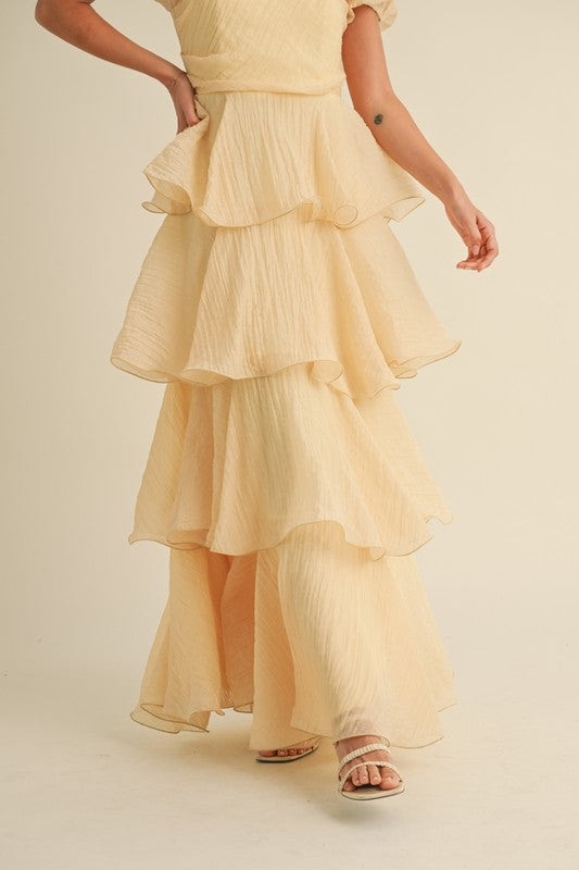 Short Puff Sleeve Tiered Maxi Dress Yellow