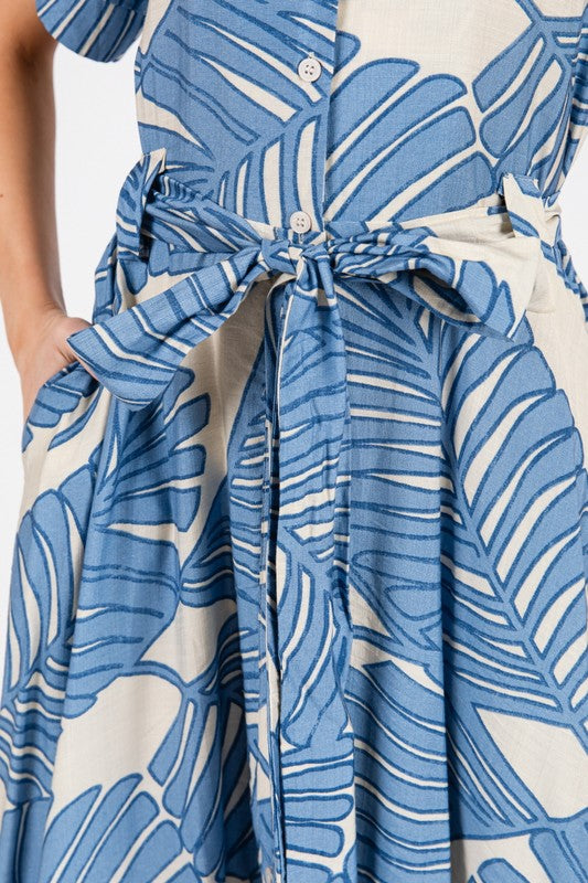 Short Sleeve Waist Tie Tropical Print Maxi Dress Blue