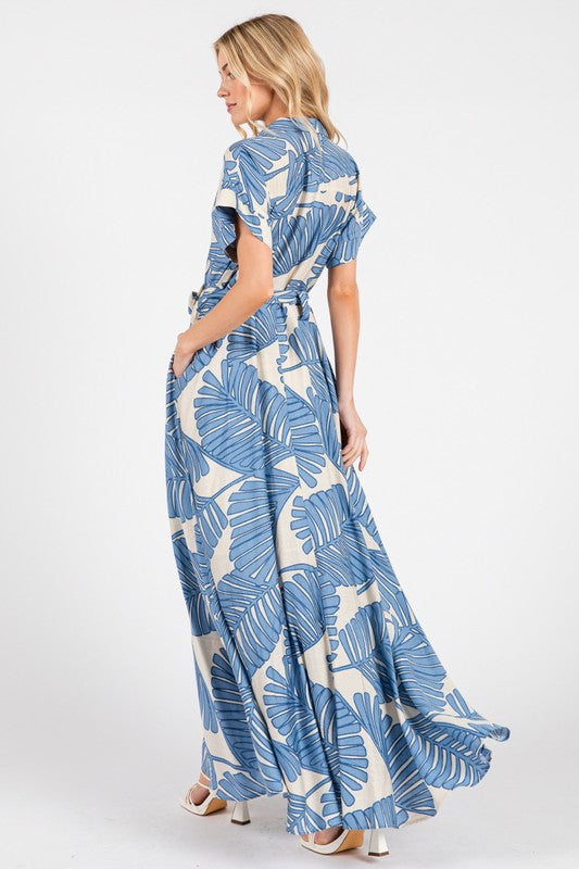 Emma Short Sleeve Waist Tie Tropical Print Maxi Dress Blue  Miss Match  Group Inc.