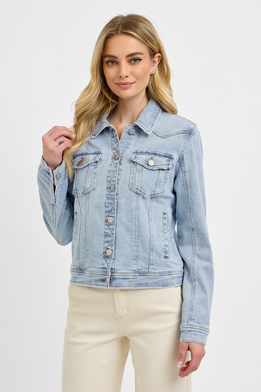 Long Sleeve Button Down Denim Jacket Light Wash