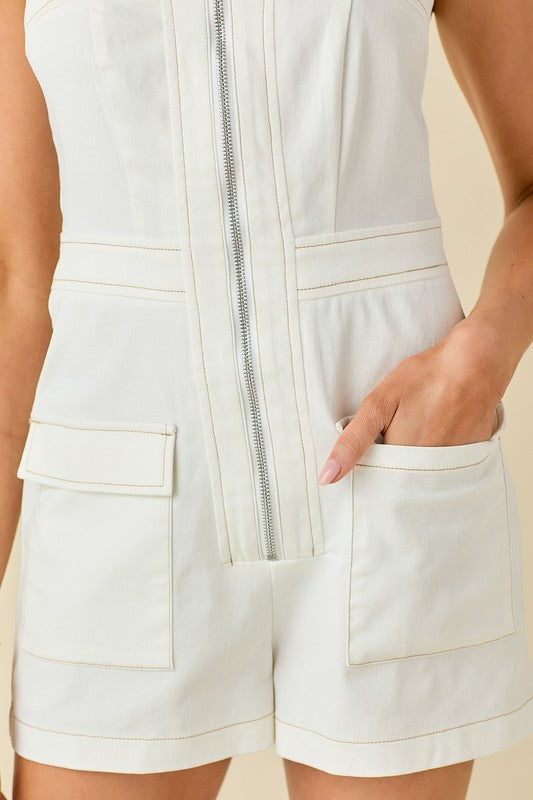 Sleeveless Zipper Up Romper White