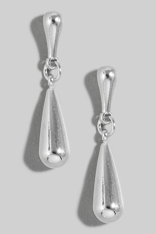Double Metallic Tear Dangle Drop Earrings Silver