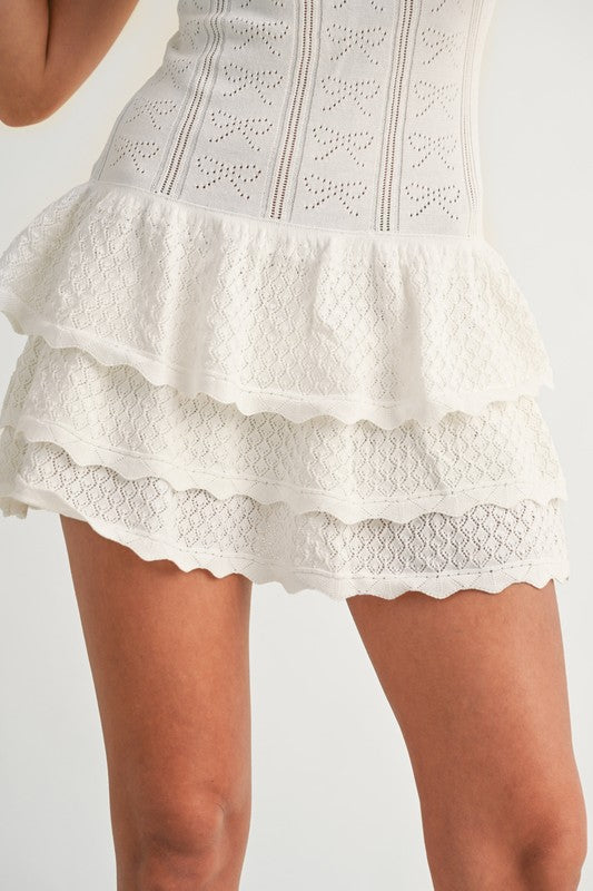 Sleeveless Eyelet Bow Pointelle Knit Ruffle Mini Dress White