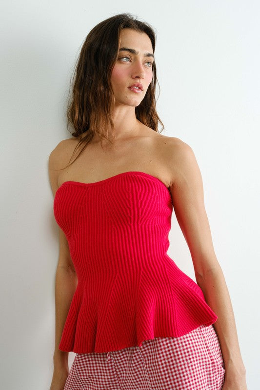 Joni Sleeveless Ribbed Knit Peplum Top Red
