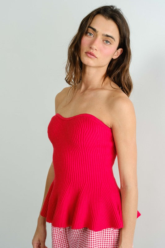 Joni Sleeveless Ribbed Knit Peplum Top Red