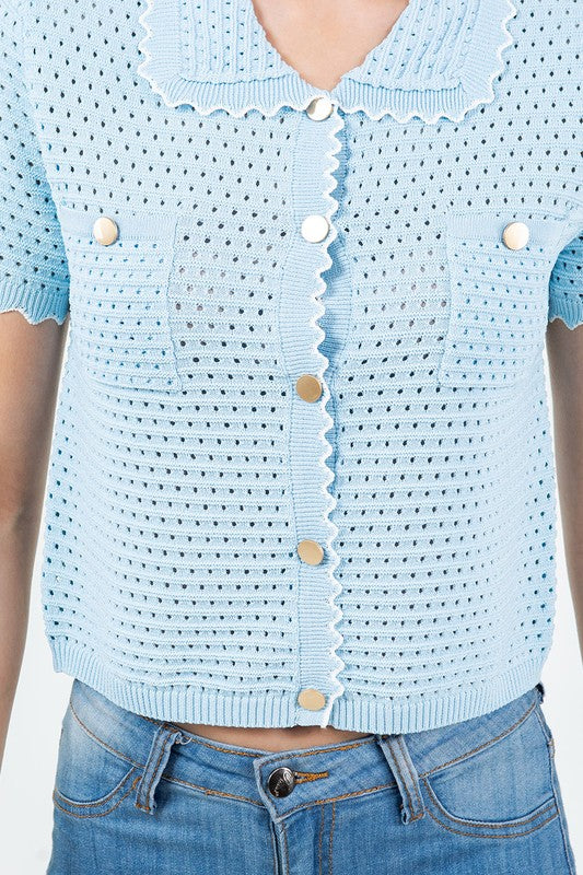 Short Sleeve Button Down Crochet Knit Top Blue