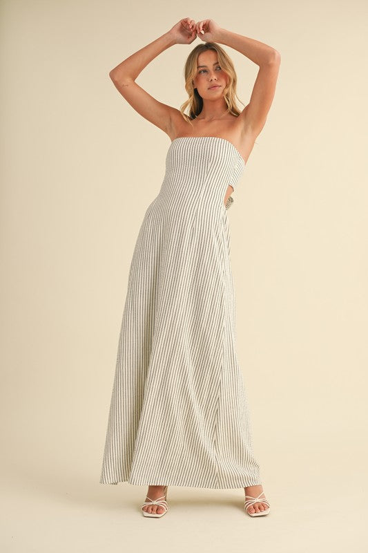 Mariel Size S-M Women's Black-White Stripe Maxi-Open Front Long Sleeve Top