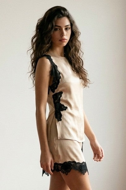 Off The Shoulder Stylish Satin And Lace Top Taupe