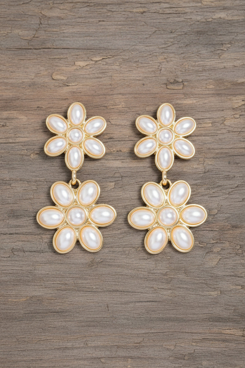 Studded Double Flower Dangle Drop Earrings Gold