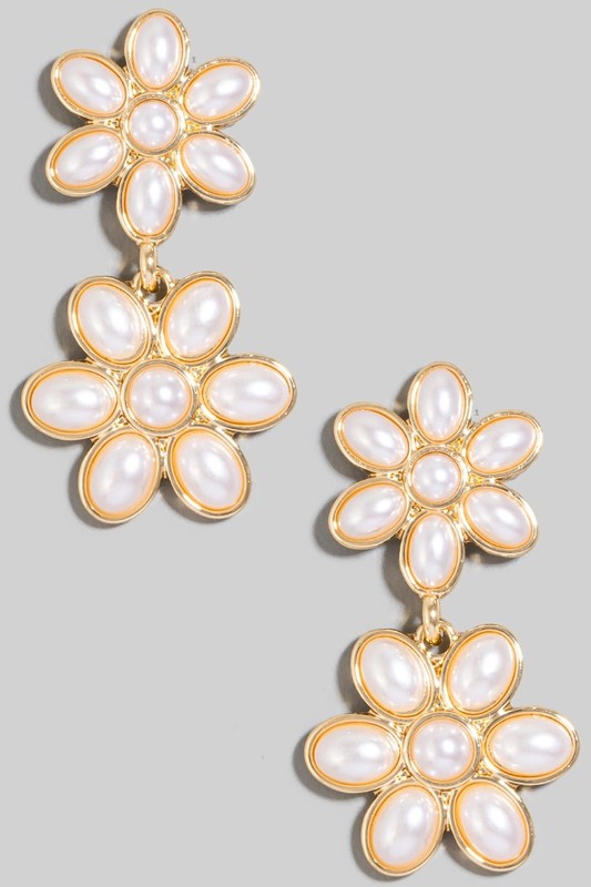Studded Double Flower Dangle Drop Earrings Gold