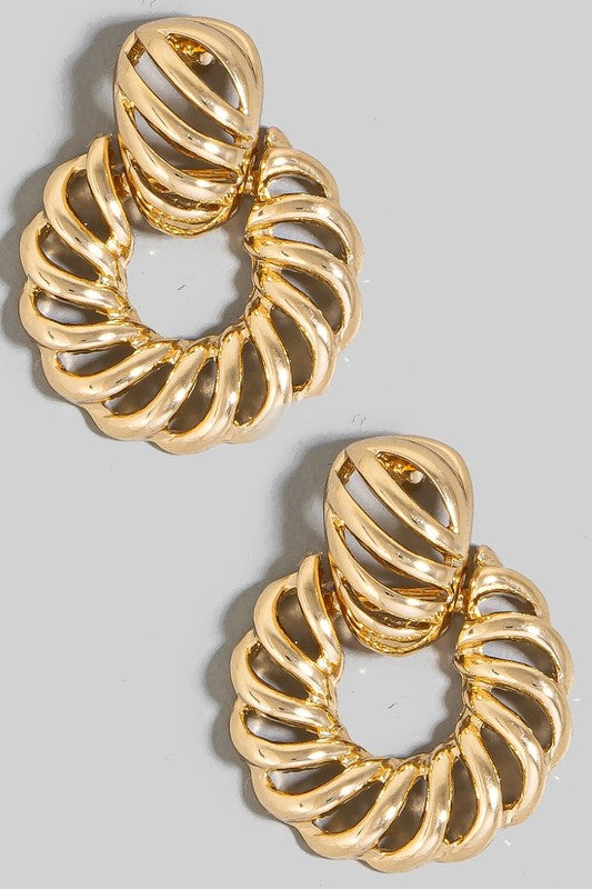 Twisted Metallic Hoop Drop Earrings Gold