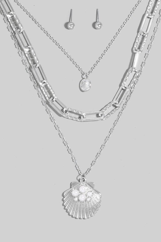  Layered Faux Pearl Studded Shell Necklace Silver