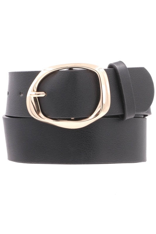 Oval Metal Buckle Vegan Leather Belt Black