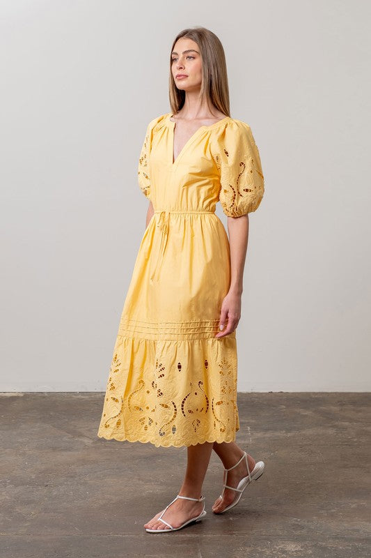 Short Puff Sleeve Eyelet Midi Dress Yellow