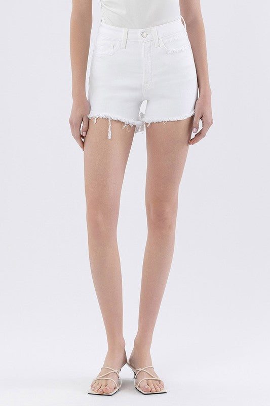 High Rise Frayed Hem Denim Shorts White