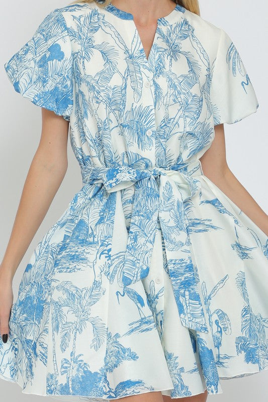 Short Sleeve Belted Button Down Leaf Print Mini Dress Blue